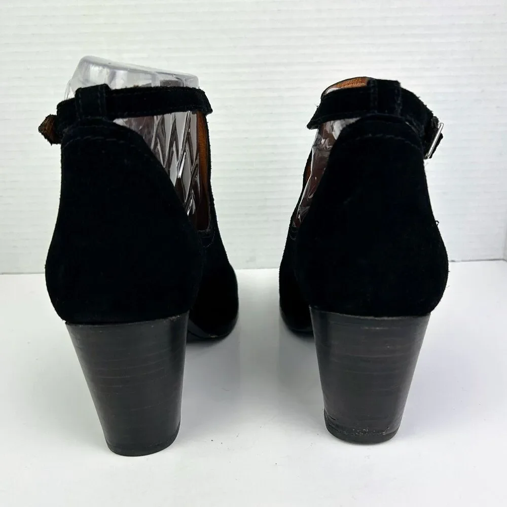 Frye Meghan Ankle Boots Black Suede Booties Cutout Strap w/ Buckle Heeled sz 9